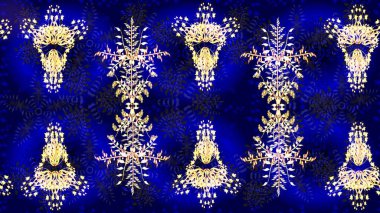 Sanat terapisi tarzı zen çizim için Contour mavisi ve menekşe şeklindeki kar taneleri. El çizimi, dövme stili, kumaş tasarımı ve Raster illüstrasyonunda kartlar..