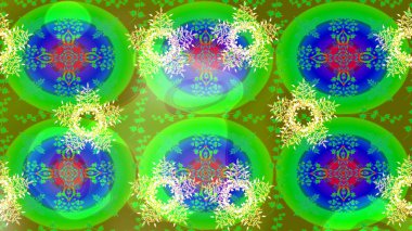 Yeşil, mavi ve kahverengi kar taneleri ile yeşil, mavi ve kahverengi renkte Noel kartı. Kar taneleri arka planda. Kış kartı Mutlu Noeller, yeni yıl ve mutlu bayramlar..