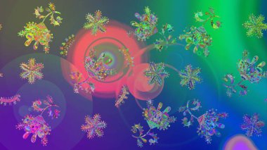 Mavi ve yeşil renkli kar taneleri. Kar tanesi raster deseni. Raster illüstrasyonu. Renkli arka planda izole tatlı kar taneleri.