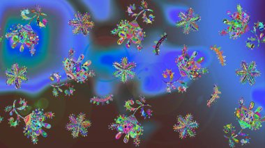 Kar taneleri deseni. Kar tanesi rengarenk desen. Soyut kar taneleri arkaplanda izole edilmiş düz dizayn. Raster illüstrasyonu. Raster kar taneleri arkaplanı.