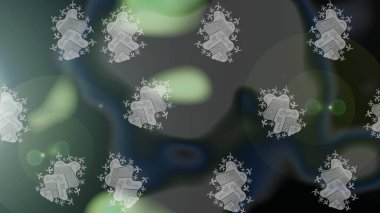 Noel ve yeni yıl moda baskıları için tatil tasarımı. Kar tanelerinin soyut arkaplanlı Noel şablonu. Raster illüstrasyonu. Gri, yeşil ve mavi kar taneleri.