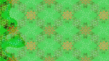 Kar tanelerinin soyut arkaplanlı Noel şablonu. Raster illüstrasyonu. Yeşil ve nötr renkler. Noel ve Yeni Yıl moda baskıları için tatil tasarımı.