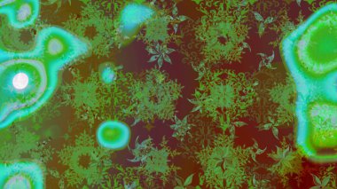 Kar tanelerinin soyut arkaplanı olan şirin bir Noel arkaplanı. Yeşil ve kahverengi kar taneleri. Raster illüstrasyonu. Renkler. Noel ve Yeni Yıl moda baskıları için tatil tasarımı.