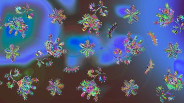 Sanat terapisi tarzı zen çizim için mavi ve kahverengi mandala şeklinde kar taneleri. El çizimi, dövme stili, kumaş tasarımı ve Raster illüstrasyonunda kartlar..