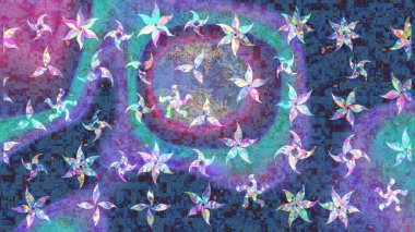 Raster illüstrasyonu. Bokeh mavisi, menekşe ve kar taneleriyle dekoratif Noel arkaplanı.