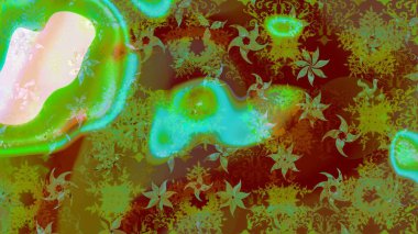 Kar tanelerinin soyut arkaplanlı Noel şablonu. Yeşil ve kahverengi kar taneleri. Raster illüstrasyonu. Noel ve Yeni Yıl moda baskıları için tatil tasarımı.