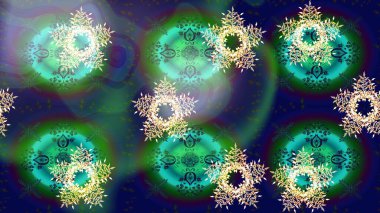 Kışın sembolü, mutlu noeller, mutlu yeni yıl kutlaması Raster illüstrasyonu. Soyut duvar kâğıdı, ambalaj dekorasyonu. Mavi ve yeşil renklerde şirin kar taneleri. Kar tanesi kadar basit..