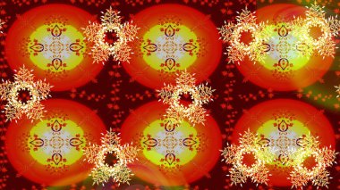 Renkli arka planda izole tatlı kar taneleri. Güzel kar tanesi. Raster illüstrasyonu. Soyut kış kırmızı ve turuncu süslemeleri. Yuvarlak raster kar tanesi.