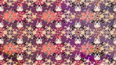 Kar tanelerinin soyut arkaplanlı Noel şablonu. Mor ve bej kar taneleri. Raster illüstrasyonu. Noel ve Yeni Yıl moda baskıları için tatil tasarımı.