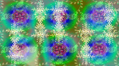 Kar tanesi raster deseni. Renkli arka planda izole tatlı kar taneleri. Yeşil, mavi ve nötr renklerde kar taneleri. Raster illüstrasyonu.