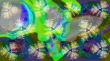 Kar tanelerinin soyut arkaplanlı Noel şablonu. Raster illüstrasyonu. Yeşil renkler. Noel ve Yeni Yıl moda baskıları için tatil tasarımı.