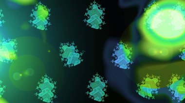 Kar tanelerinin soyut arkaplanlı Noel şablonu. Raster illüstrasyonu. Yeşil ve mavi renkler. Noel ve Yeni Yıl moda baskıları için tatil tasarımı.