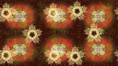 Bokeh kahverengisi, portakallar ve kar taneleriyle dekoratif Noel arkaplanı. Raster illüstrasyonu.