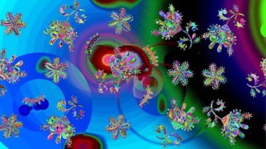 Kar tanelerinin soyut arkaplanlı Noel şablonu. Raster illüstrasyonu. Noel ve yeni yıl moda baskıları için tatil tasarımı. Mavi ve yeşil kar taneleri.