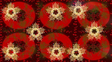 Raster illüstrasyonu. Noel ve yeni yıl moda baskıları için tatil tasarımı. Kırmızı ve kahverengi kar taneleri. Kar tanelerinin soyut arkaplanı olan şirin bir Noel arkaplanı. Renkler.