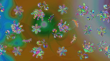 Renkli arka planda izole tatlı kar taneleri. Raster illüstrasyonu. Kahverengi ve yeşil renkli kar taneleri. Kar tanesi raster deseni.