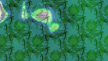 Renkli grunge, koyu yeşil ve mavi çiçeklerle soyut bir arka plan oluşturur. Nakış desenli çiçek deseni. İzler, kumaş, duvar kağıtları, tekstil için raster dokusu.