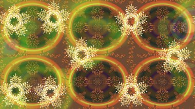 Renkli bir arka planda izole güzel raster kahverengi ve yeşil kar taneleri. İllüzyon. Kar taneleri, kar yağışı. Düşen Noel stilize kar taneleri.