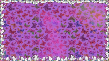 Kart ve parmak izi için basit şirin bir kalıp. Nakış, egzotik kelebeklerle süslenmiş çiçeksiz desenler. Giysi tasarımı için mor, mor ve pembe arkaplan üzerine geleneksel Raster halk çiçekleri dekoru.