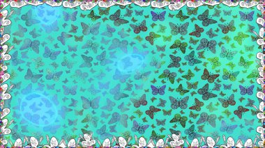 Mavi ve yeşil arka planda kelebekler. Kusursuz desen. Raster. Kağıt, kumaş ve ambalaj için uygun.