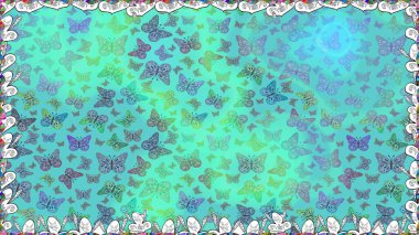 Tekstil, kumaş, baskı ve davetiye geçmişi. Raster. Kelebeklerle kusursuz desen. Mavi ve yeşil renkli illüstrasyon.