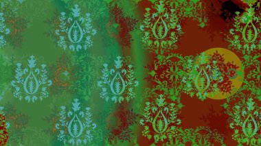 Kar tanelerinin soyut arkaplanlı Noel şablonu. Yeşil ve kırmızı kar taneleri. Raster illüstrasyonu. Noel ve yeni yıl moda baskıları için tatil tasarımı. Renkler.