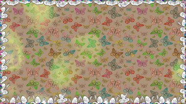 Raster illüstrasyonu. Kumaş, tekstil, baskı ve davetiye için arka plan. Bej ve nötr renklerde güzel renk kelebekleri. Kusursuz desen.