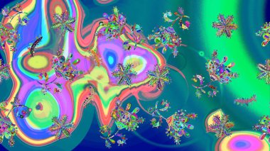 Noel ve yeni yıl moda baskıları için tatil tasarımı. Mavi ve yeşil kar taneleri. Kar tanelerinin soyut arkaplanlı Noel şablonu. Raster illüstrasyonu.