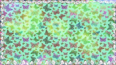 Raster skeci. Tarafsız, yeşil ve mavi renklerde sevimli kelebek deseni. Tekstil, duvar kâğıtları, web sayfası arkaplanları ve yüzey dokuları için mükemmel. Tropikal temada kelebek çiçek deseni.