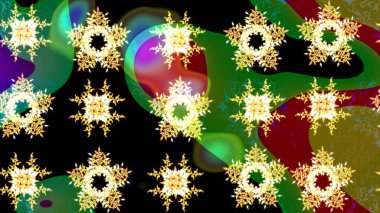 Güzel soyut kar tanesi raster tasarımı. Düz kar karalama ikonları, kar taneleri silueti siyah ve yeşil renkli Noel afişi, kartlar. Yeni yıl kar tanesi.