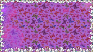 Raster illüstrasyonu. Kusursuz. Kart, baskı ve davetiye için basit kadınsı bir model. Pembe, mor ve mor arka planda renkli kelebek koleksiyonu. Kağıt, kumaş ve ambalaj için uygun.