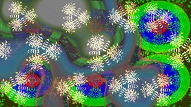 Yuvarlak raster kar tanesi. Soyut kış yeşil ve mavi süslemeleri. Raster illüstrasyonu. Renkli arka planda izole tatlı kar taneleri. Güzel kar tanesi..