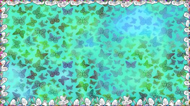 Raster illüstrasyonu. Dekoratif el çizimi kelebekler. Güzel bir kumaş tasarımı. Mavi ve yeşil renkte resim.