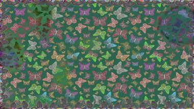 Mavi ve yeşil üzerinde sevimli kelebekler. Ambalajlar, duvar kağıtları, kumaş tasarımı ve kağıt için güzel bir arka plan. Renkli kelebeklerin kusursuz arka planı. Raster illüstrasyonu.