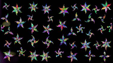 Kar tanelerinin soyut arkaplanlı Noel şablonu. Siyah, yeşil ve mavi kar taneleri. Raster illüstrasyonu. Renkler. Noel ve Yeni Yıl moda baskıları için tatil tasarımı.