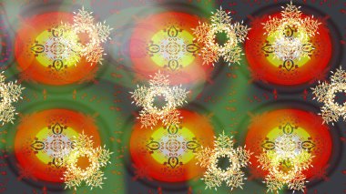 Kar tanelerinin soyut arkaplanlı Noel arkaplanı. Yeşil ve turuncu kar taneleri. Noel için tatil tasarımı, yeni yıl moda baskıları. Güzel tasarım. Raster illüstrasyonu.