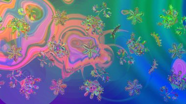 Kar tanelerinin soyut arkaplanlı Noel şablonu. Mavi ve yeşil kar taneleri. Raster illüstrasyonu. Noel ve Yeni Yıl moda baskıları için tatil tasarımı.