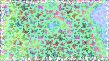 Kusursuz. Kumaş, tekstil, baskı ve davetiye. Raster illüstrasyonu. Tarafsız, yeşil ve mavi soyut arka planda gece kelebekleri.
