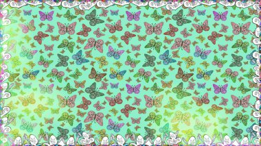 Raster illüstrasyonu. Davetiye, kart ve parmak izi için basit kadınsı bir model. Kelebek yeşil, mavi ve nötr arka planda.