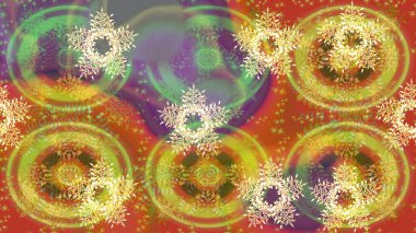 Düşen Noel stili kar taneleri. Güzel sarı ve turuncu kar taneleri renkli bir arka planda izole edilmiş. Kar taneleri, kar yağışı. Görüntü.