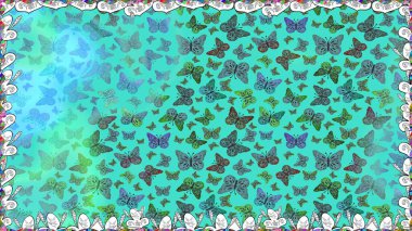 Giysi tarzı için mavi ve yeşil arka planda dekorasyon. Raster illüstrasyonu. Fantezi renkli resimler koleksiyonu. Tasarım için Raster Kelebekleri. Farklı renkte kelebeklerin.