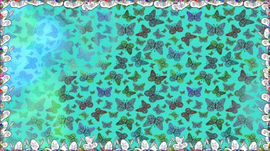 Kelebekler, mavi ve yeşil renklerde kusursuz desenlere sahipler. Web sayfası geçmişleri, duvar kağıtları, tekstil ve yüzey dokuları için mükemmel. Şirin Raster illüstrasyonu.