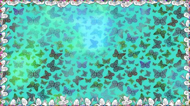 Kumaş, tekstil, baskı ve davetiye örnekleri. Kelebek deseni. Raster. Kusursuz. Mavi ve yeşil arkaplan üzerine resim.