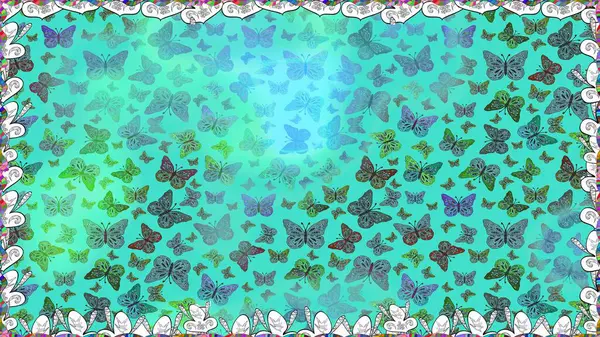 Kumaş, tekstil, baskı ve davetiye örnekleri. Kelebek deseni. Raster. Kusursuz. Mavi ve yeşil arkaplan üzerine resim.