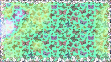 Simple cute pattern for card, print, invitation. Raster traditional folk flowers decor on blue green background for clothing design. Embroidery trend floral seamless pattern with exotic butterflies. clipart