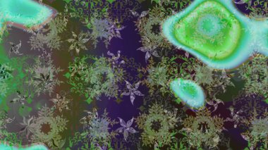 Kar tanelerinin soyut arkaplanlı Noel şablonu. Yeşil ve gri kar taneleri. Raster illüstrasyonu. Renkler. Noel ve Yeni Yıl moda baskıları için tatil tasarımı.