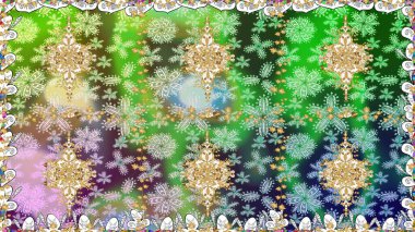 Yeşil renklerde pürüzsüz desen. Doğu tarzı arabesk tarzında altın elementler. Raster altın pürüzsüz desen. Kusursuz altın desenli bukleler..