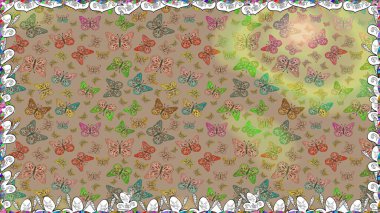 Bahar ve yaz tasarımı için renkli bir arkaplan. Kelebeklerle kusursuz desen. Elle çizilmiş illüstrasyon. Raster renklendirilmiş sonsuz doku.