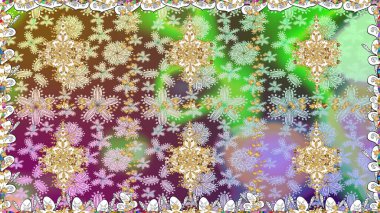 Gold metal with floral pattern. Raster golden floral ornament brocade textile and glass pattern. Neutral and green colors with golden elements. Seamless golden pattern. clipart