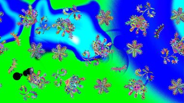 Raster illüstrasyonu. Noel ve yeni yıl moda baskıları için tatil tasarımı. Mavi ve yeşil kar taneleri. Kar tanelerinin soyut arkaplanlı Noel deseni.
